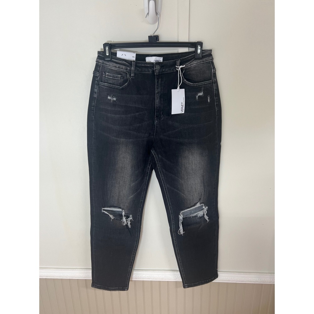 Vervet Erika High Rise Stretch Mom Jeans Distressed Faded Black VT1171 Size 31